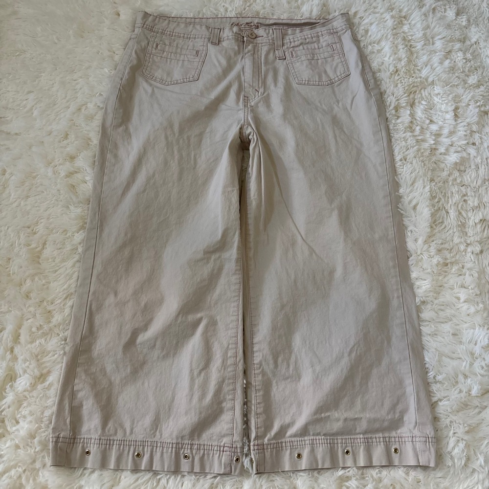 Kikit Jeans Womens 14 Wide Leg Khaki Pants Tan Grommet Hem Pink Stitching 34x22